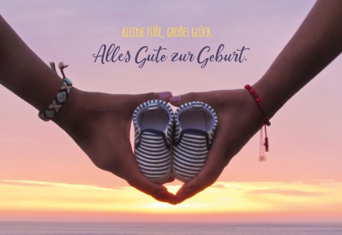 Fair Trade Photo Greeting Card Baby, Colour image, Couple, Hands, Holding, Horizontal, Love, New baby, Ocean, Outdoor, People, Peru, Sea, Shoe, South America, Sunset, Two