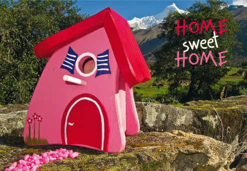 Fair Trade Photo Greeting Card Birdhouse, Colour image, Congratulations, Day, Horizontal, House, Mountain, New home, Outdoor, Peru, Pink, Red, Rural, Seasons, Sky, South America, Summer, Tree, Welcome home