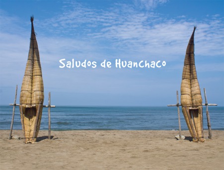 Fair Trade Photo Greeting Card Beach, Colour image, Ethnic-folklore, Fishing boat, Horizontal, Huanchaco, Peru, Sea, South America