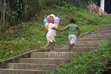Fair Trade Photo Activity, Balloon, Birthday, Colour image, Emotions, Friendship, Happiness, Horizontal, Party, People, Peru, South America, Stairs, Two children, Walking