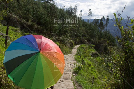 Fair Trade Photo Activity, Colour image, Green, Horizontal, Mountain, Outdoor, Peru, Road, Scenic, South America, Travel, Umbrella, Walking