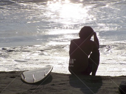 Fair Trade Photo Activity, Backlit, Beach, Colour image, Evening, Horizontal, One man, Outdoor, People, Peru, Reflection, Sea, Silhouette, Sitting, South America, Sport, Surfboard, Surfer, Thinking of you, Water