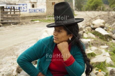 Fair Trade Photo Activity, Clothing, Colour image, Dailylife, Green, Hat, Horizontal, Looking away, Multi-coloured, One woman, Outdoor, People, Peru, Portrait headshot, Red, Rural, Sombrero, South America, Traditional clothing