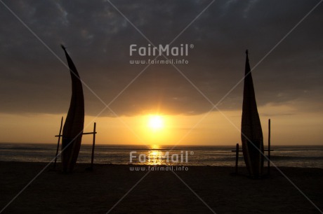 Fair Trade Photo Backlit, Beach, Clouds, Colour image, Evening, Fishing boat, Horizontal, Huanchaco, Outdoor, Peru, Sea, Silhouette, South America, Sunset