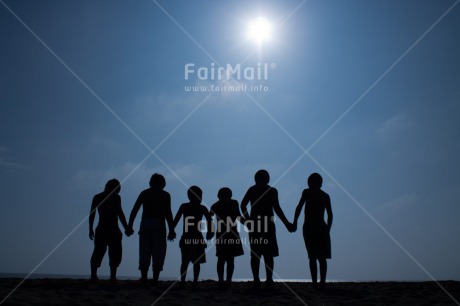 Fair Trade Photo Activity, Backlit, Beach, Colour image, Cooperation, Emotions, Evening, Freedom, Friendship, Group of boys, Happiness, Holding hands, Outdoor, People, Peru, Playing, Silhouette, Sky, South America, Sunset, Together