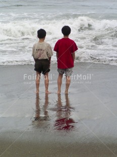 Fair Trade Photo 10-15 years, Activity, Beach, Colour image, Day, Friendship, Miss you, Outdoor, People, Peru, Sea, South America, Standing, Together, Two boys, Vertical, Water