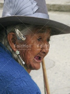Fair Trade Photo Activity, Blue, Colour image, Dailylife, Hat, Looking away, Multi-coloured, Old age, One woman, Outdoor, People, Peru, Portrait headshot, Sombrero, South America, Vertical