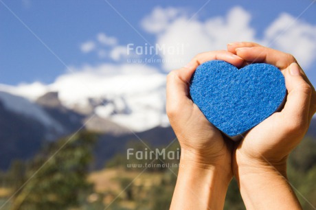 Fair Trade Photo Blue, Colour image, Day, Fathers day, Hands, Heart, Horizontal, Landscape, Love, Mountain, Nature, Outdoor, Peru, Sky, South America, Valentines day