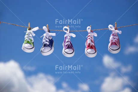 Fair Trade Photo Blue, Colour image, Colourful, Friendship, Hanging, Love, Multi-coloured, Outdoor, Peru, Shoe, Sky, South America, Together, Valentines day, Wood