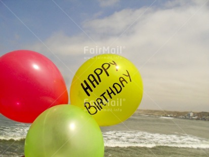Fair Trade Photo Balloon, Beach, Birthday, Clouds, Colour image, Day, Horizontal, Letter, Outdoor, Peru, Red, Sea, Seasons, Sky, South America, Summer, Yellow