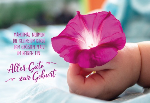 Fair Trade Photo Greeting Card 0-5_years, Activity, Baby, Birth, Caucasian, Colour image, Flower, Hands, Holding, Horizontal, New baby, People, Peru, Purple, Sleeping, South America