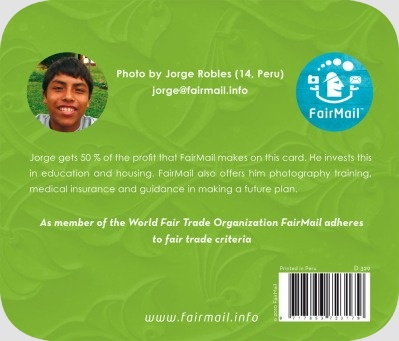 Fair Trade Photo Greeting Card Birthday, Closeup, Colour image, Colourful, Congratulations, Flower, Horizontal, Invitation, Party, Peru, South America, Umbrella Backside