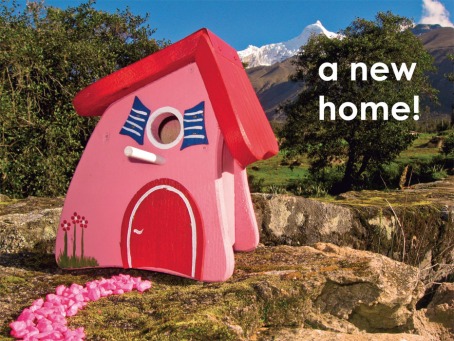Fair Trade Photo Greeting Card Birdhouse, Colour image, Congratulations, Day, Horizontal, House, Moving, New home, Outdoor, Peru, Pink, Red, Rural, Seasons, Sky, South America, Summer, Tree, Welcome home