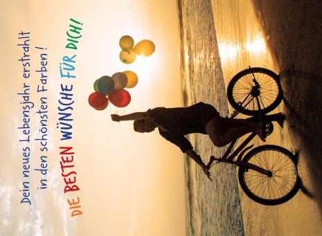 Fair Trade Photo Greeting Card Backlit, Balloon, Beach, Bicycle, Birthday, Colour image, Evening, Invitation, One girl, Outdoor, Party, People, Peru, Sand, Silhouette, South America, Sunset, Transport, Vertical, Water