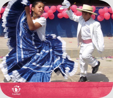 Fair Trade Photo Greeting Card 5-10_years, Balloon, Birthday, Blue, Clothing, Colour image, Dance, Dancing, Ethnic-folklore, Folklore, Horizontal, Latin, Love, Marinera, Marriage, One boy, One girl, Party, People, Peru, Pink, South America, Together, Traditional clothing, Two children