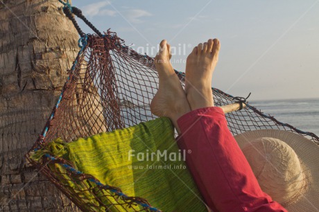 Fair Trade Photo Activity, Closeup, Colour image, Day, Foot, Hammock, Hat, Holiday, One woman, Outdoor, Palmtree, People, Peru, Relaxing, Sky, South America, Summer, Travel, Tree