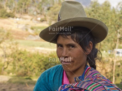 Fair Trade Photo Activity, Agriculture, Clothing, Colour image, Ethnic-folklore, Farmer, Horizontal, Looking at camera, One woman, People, Peru, Portrait headshot, Rural, South America, Traditional clothing