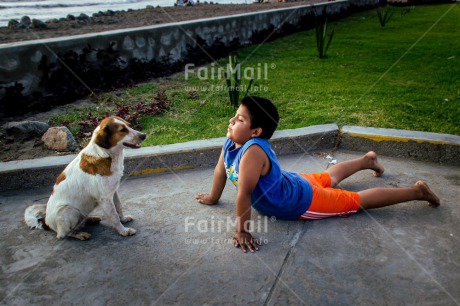 Fair Trade Photo Animals, Colour image, Dog, Friendship, Horizontal, One boy, People, Yoga