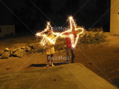 Fair Trade Photo 10-15 years, Artistique, Christmas, Colour image, Firework, Horizontal, Light, New Year, Night, Outdoor, People, Peru, South America, Star, Two children
