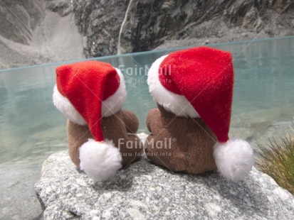 Fair Trade Photo Christmas, Colour image, Friendship, Horizontal, Outdoor, Peru, South America, Tabletop, Teddybear, Together, Water, Waterfall