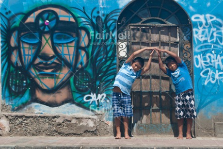 Fair Trade Photo Casual clothing, Clothing, Colour image, Cooperation, Friendship, Graffity, Health, Horizontal, Latin, Outdoor, People, Peru, South America, Together, Two boys, Urban, Wellness, Yoga
