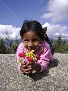 Fair Trade Photo 5-10 years, Activity, Colour image, Cute, Flower, Giving, Green, Latin, Looking at camera, Love, Lying, Multi-coloured, One girl, Outdoor, People, Peru, Pink, Portrait halfbody, Rural, Smiling, South America, Thank you, Vertical, Well done