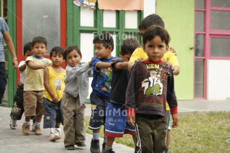 Fair Trade Photo Activity, Casual clothing, Clothing, Colour image, Cooperation, Cute, Day, Education, Group of children, Horizontal, Latin, Looking at camera, Outdoor, People, Peru, School, Social issues, South America