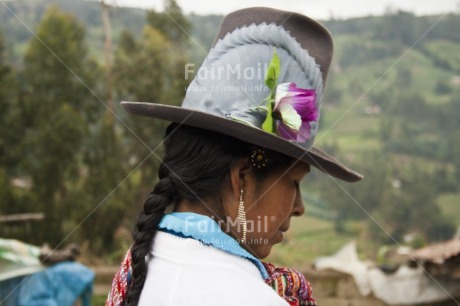 Fair Trade Photo Clothing, Colour image, Dailylife, Ethnic-folklore, Focus on foreground, Hat, Horizontal, Multi-coloured, One woman, Outdoor, People, Peru, Portrait headshot, Rural, Sombrero, South America, Streetlife, Traditional clothing
