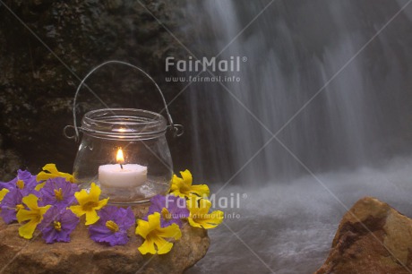 Fair Trade Photo Candle, Colour image, Condolence-Sympathy, Flower, Flowers, Fog, Glass, Horizontal, Light, Peru, Purple, River, South America, Water, Waterfall, White, Yellow