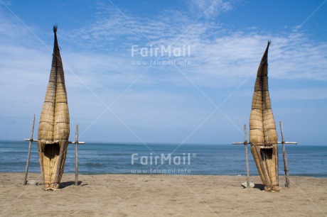 Fair Trade Photo Beach, Colour image, Ethnic-folklore, Fishing boat, Horizontal, Huanchaco, Peru, Sea, South America