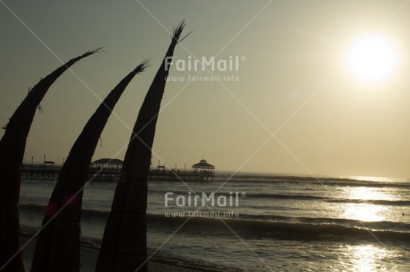 Fair Trade Photo Beach, Colour image, Fishing boat, Horizontal, Peru, Sea, South America, Sunset