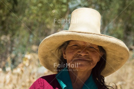 Fair Trade Photo Clothing, Colour image, Hat, Horizontal, Old age, One woman, People, Peru, Portrait headshot, Rural, Sombrero, South America, Traditional clothing