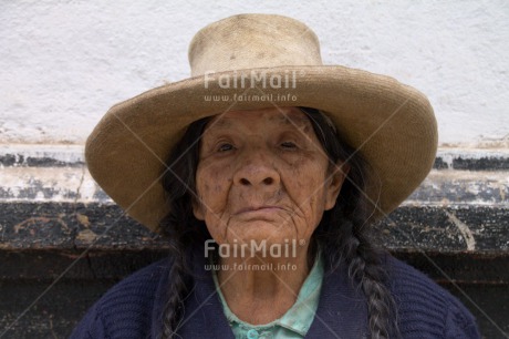 Fair Trade Photo Activity, Colour image, Horizontal, Looking at camera, Old age, One woman, People, Peru, Portrait headshot, Sombrero, South America