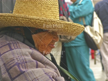 Fair Trade Photo 65-70 years, Activity, Clothing, Colour image, Hat, Horizontal, Latin, Looking away, Old age, One woman, People, Peru, Portrait headshot, Rural, Sleeping, South America