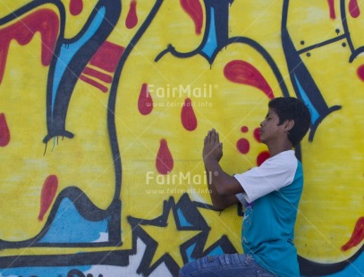 Fair Trade Photo 10-15 years, Activity, Blue, Casual clothing, Clothing, Colour image, Day, Horizontal, Latin, One boy, Outdoor, People, Peru, South America, Street, Streetlife, Yellow, Yoga