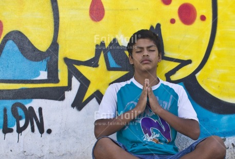 Fair Trade Photo 10-15 years, Activity, Blue, Casual clothing, Clothing, Colour image, Day, Horizontal, Latin, One boy, Outdoor, People, Peru, South America, Street, Streetlife, Yellow, Yoga