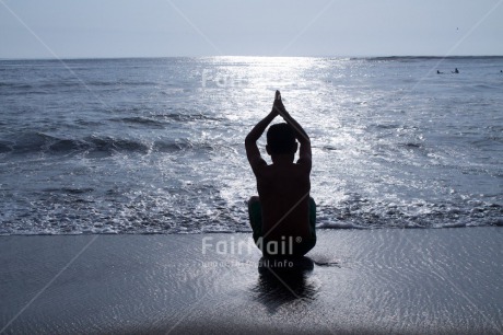 Fair Trade Photo 10-15 years, Activity, Backlit, Beach, Colour image, Evening, Horizontal, One boy, Outdoor, People, Peru, Sea, Silhouette, South America, Sunset, Water, Yoga