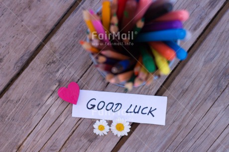Fair Trade Photo Business, Colour image, Crayon, Daisy, Desk, Exams, Flower, Good luck, Heart, Horizontal, Multi-coloured, Office, Peru, Pink, School, South America, Table, Text, Wood