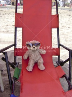 Fair Trade Photo Activity, Animals, Beach, Bear, Chair, Colour image, Day, Funny, Glasses, Outdoor, Peru, Red, Relaxing, Sand, Seasons, Sitting, South America, Summer, Teddybear, Vertical