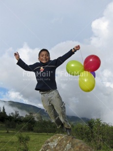 Fair Trade Photo 5-10 years, Balloon, Birthday, Casual clothing, Clothing, Colour image, Congratulations, Day, Latin, Mountain, Nature, One boy, Outdoor, Party, People, Peru, Rural, South America, Tree, Vertical