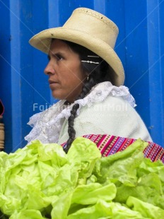 Fair Trade Photo Activity, Colour image, Entrepreneurship, Ethnic-folklore, Hat, Looking away, Market, One woman, Outdoor, People, Peru, Portrait halfbody, Selling, Sombrero, South America, Streetlife, Vertical