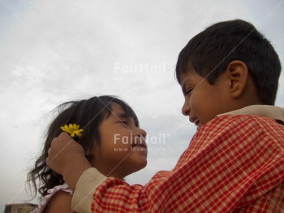 Fair Trade Photo 5 -10 years, Activity, Brother, Care, Casual clothing, Clothing, Colour image, Cute, Family, Flower, Friendship, Giving, Horizontal, Latin, Looking away, Love, One boy, One girl, People, Peru, Portrait halfbody, Sister, Smiling, South America