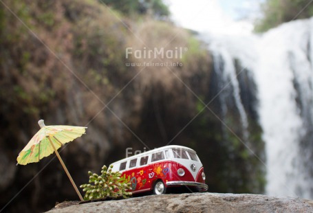 Fair Trade Photo Bus, Car, Colour image, Hippy, Holiday, Peru, South America, Transport, Travel, Umbrella, Waterfall