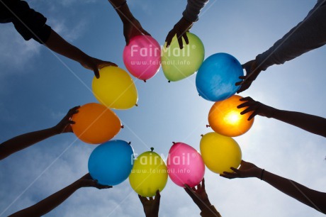 Fair Trade Photo Activity, Balloon, Birthday, Colour image, Congratulations, Cooperation, Day, Group of children, Hand, Horizontal, Outdoor, Party, People, Peru, Playing, Sky, South America, Summer
