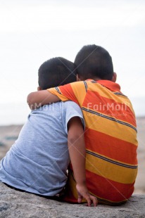 Fair Trade Photo Activity, Brother, Colour image, Embracing, Family, Friend, Friendship, Hugging, People, Peru, Sitting, South America, Two, Two boys, Two children, Two people, Vertical