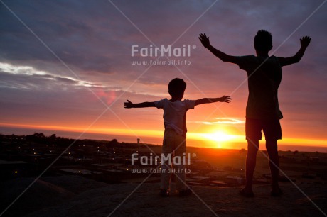 Fair Trade Photo Activity, Beach, Brother, Colour image, Colourful, Embracing, Evening, Family, Freedom, Friend, Friendship, Horizontal, Hugging, Light, People, Peru, Shooting style, Silhouette, Sky, South America, Standing, Sun, Sunset, Two, Two boys, Two children, Two people