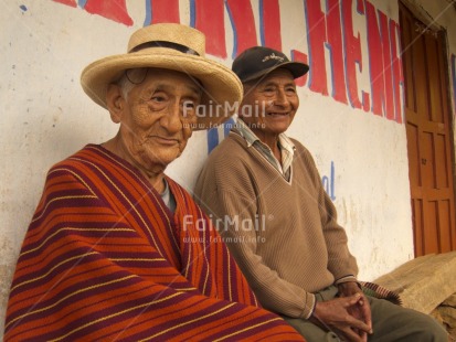 Fair Trade Photo Activity, Colour image, Dailylife, Ethnic-folklore, Friend, Hat, Horizontal, Looking away, Multi-coloured, Outdoor, People, Peru, Portrait halfbody, Sombrero, South America, Streetlife, Two men, Wisdom