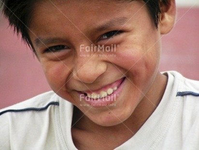 Fair Trade Photo 5-10 years, Activity, Casual clothing, Clothing, Colour image, Horizontal, Latin, Looking at camera, One boy, People, Peru, Portrait headshot, Smile, Smiling, South America