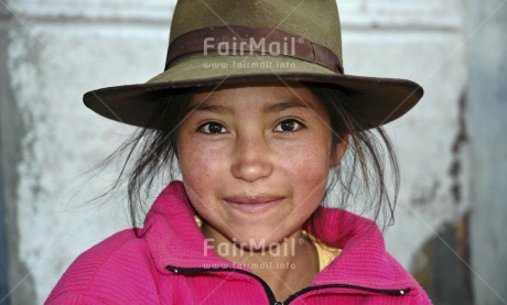Fair Trade Photo 10-15 years, Activity, Casual clothing, Clothing, Colour image, Day, Hat, Horizontal, Latin, Looking at camera, One girl, Outdoor, People, Peru, Pink, Portrait headshot, Rural, Smiling, South America