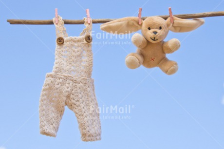 Fair Trade Photo Birth, Blue, Chachapoyas, Cloth, Clouds, Colour image, Hanging wire, Horizontal, New baby, Peg, Peluche, Peru, Sky, South America, White